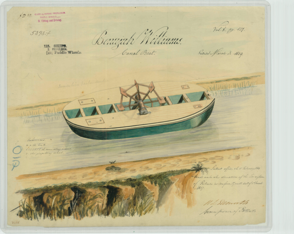 Banajah Williams Patent Drawing for a Canal Boat | Intellectual Property Law Firm | Harness IP