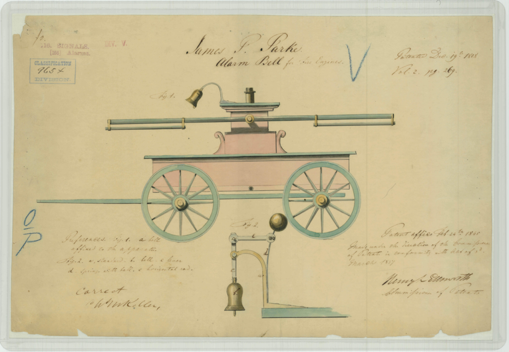 James P. Parke Patent Drawing for An Alarm Bell for Fire Engines | Intellectual Property Law Firm | Harness IP