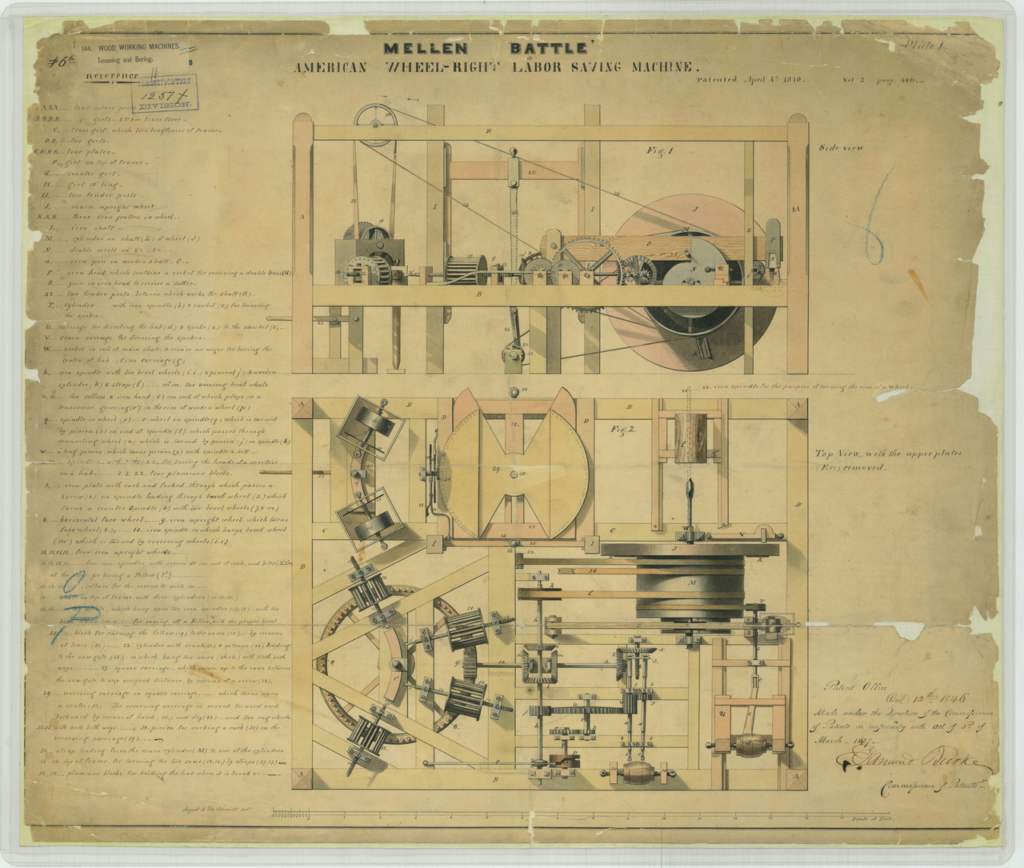 Mellen Battle Patent Drawing for a American Wheel right Labor Saving Machine | Intellectual Property Law Firm | Harness IP