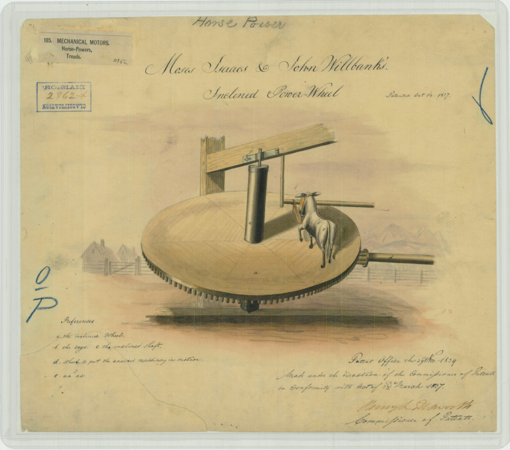 Moses Isaacs and John Willbanks Patent Drawing for a Inclined Power Wheel | Intellectual Property Law Firm | Harness IP