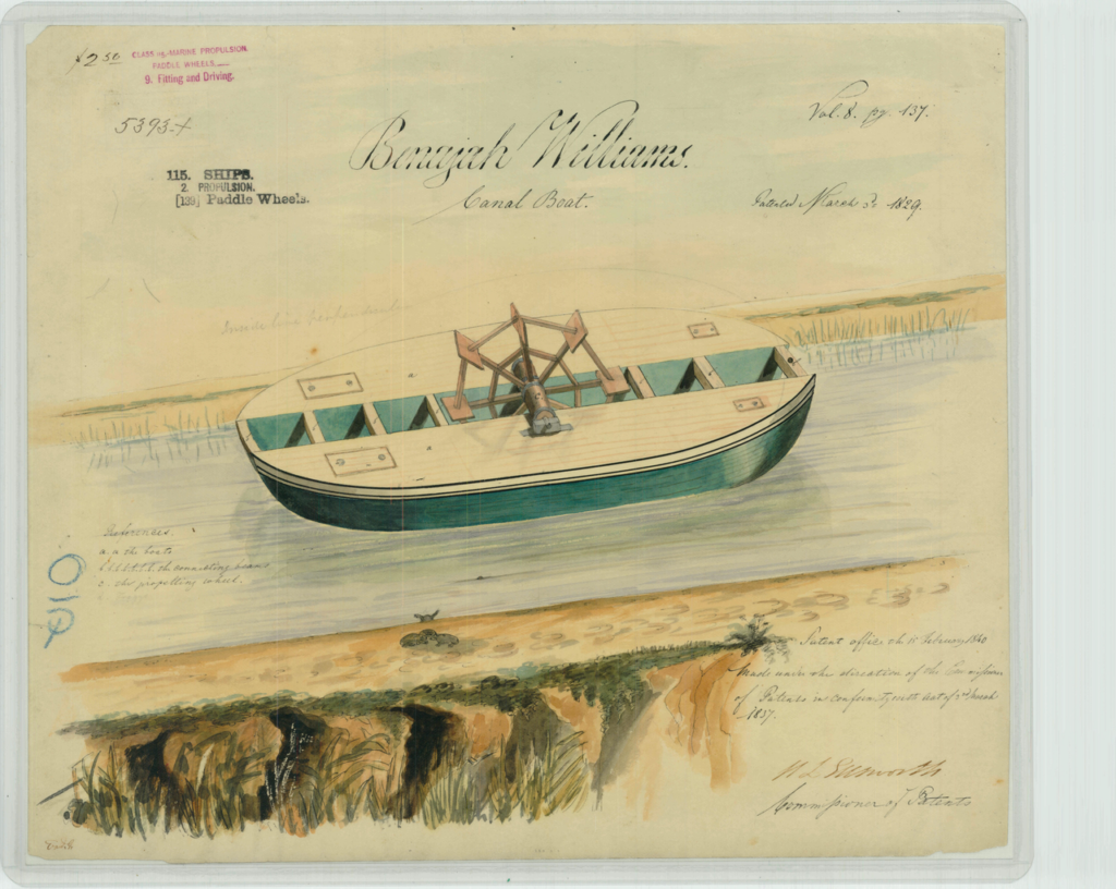 Like a Phoenix (Digitally) Arising from the Ashes: Newly Digitized 1837-1847 U.S. Patents | IP Law Firm | Harness IP Banajah Williams Patent Drawing for a Canal Boat | Intellectual Property Law Firm | Harness IP