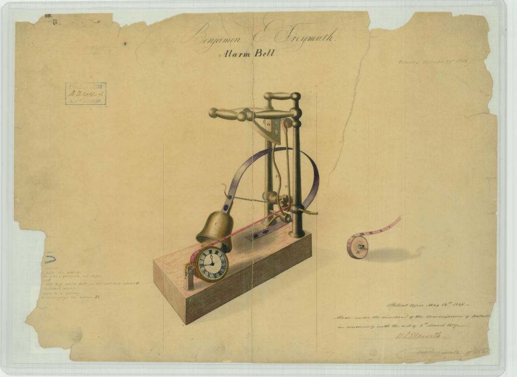 Like a Phoenix (Digitally) Arising from the Ashes: Newly Digitized 1837-1847 U.S. Patents | IP Law Firm | Harness IP Benjamin E. Freymuths Patent Drawing for a Alarm Bell | Intellectual Property Law Firm | Harness IP