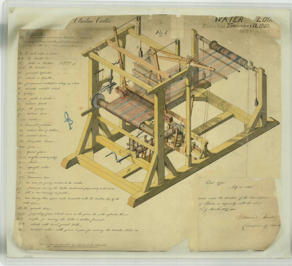 Like a Phoenix (Digitally) Arising from the Ashes: Newly Digitized 1837-1847 U.S. Patents | IP Law Firm | Harness IP Clinton Curtis Patent Drawing for a Water Loom | Intellectual Property Law Firm | Harness IP