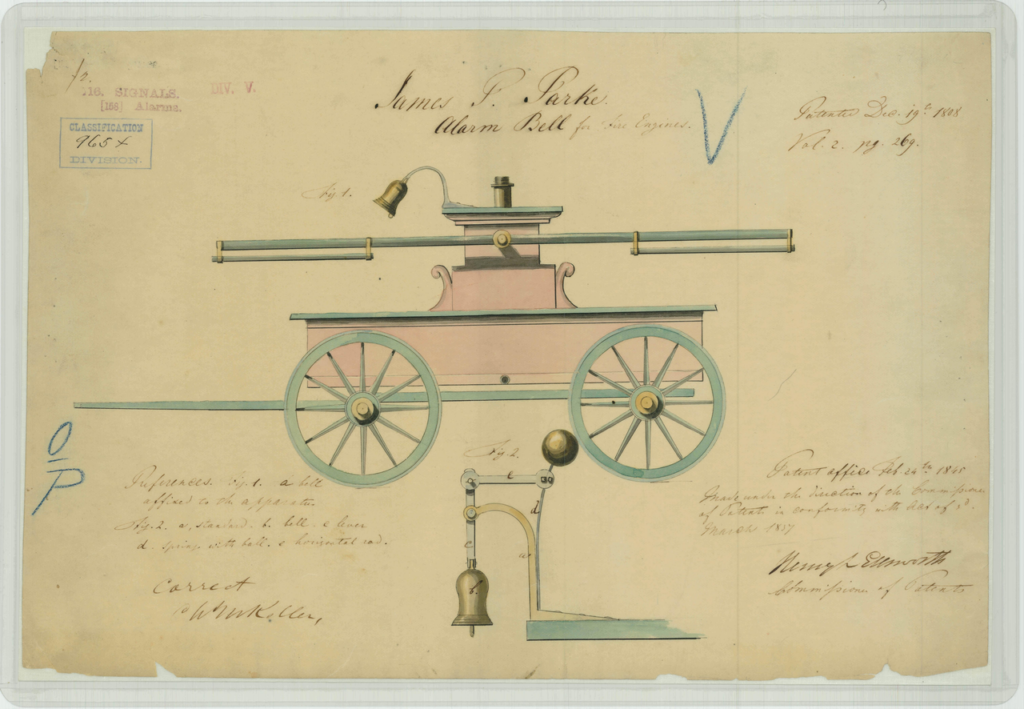 Like a Phoenix (Digitally) Arising from the Ashes: Newly Digitized 1837-1847 U.S. Patents | IP Law Firm | Harness IP James P. Parke Patent Drawing for An Alarm Bell for Fire Engines | Intellectual Property Law Firm | Harness IP