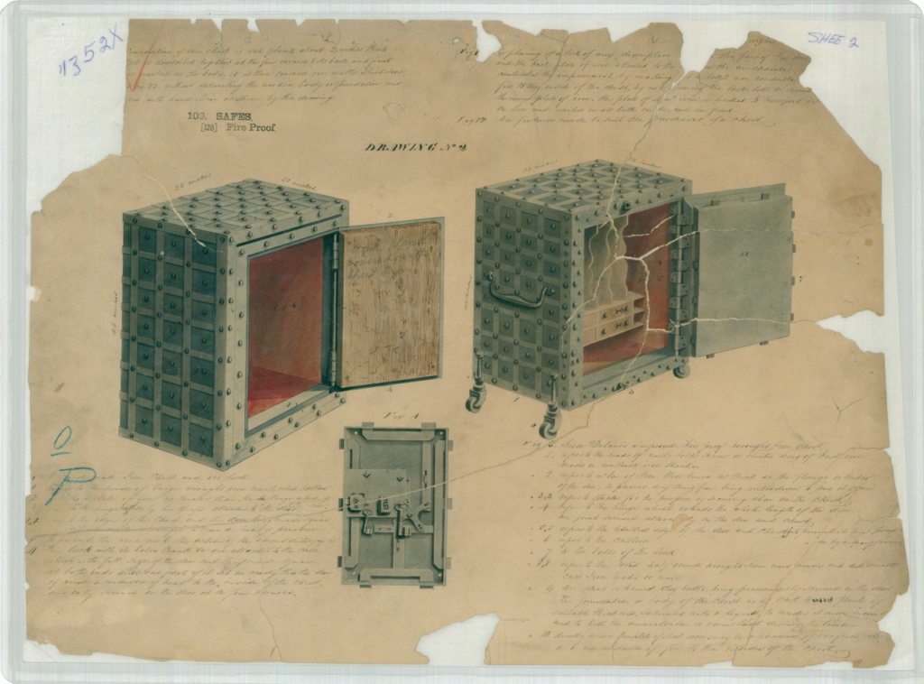 Like a Phoenix (Digitally) Arising from the Ashes: Newly Digitized 1837-1847 U.S. Patents | IP Law Firm | Harness IP Jesse Delanos Patent Drawing for a Safe | Intellectual Property Law Firm | Harness IP