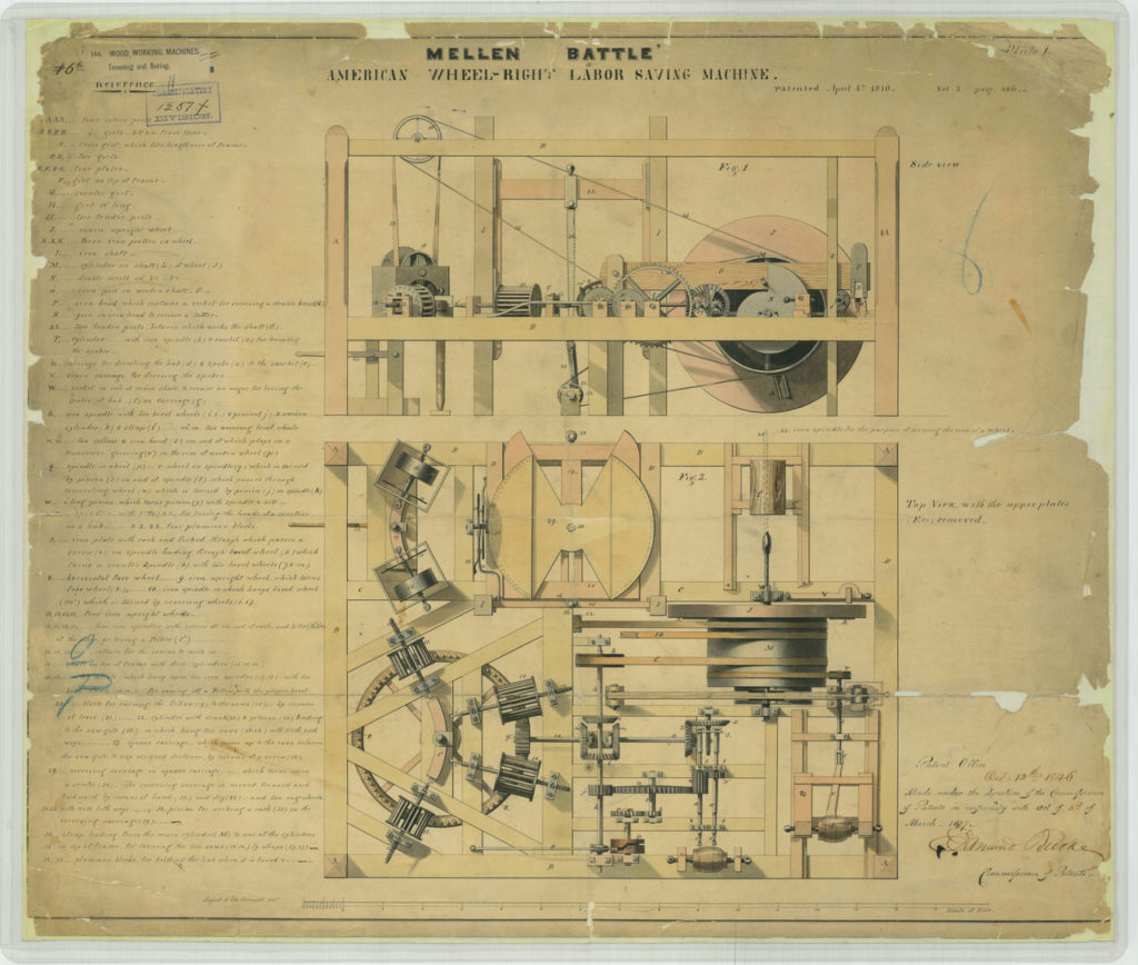 Like a Phoenix (Digitally) Arising from the Ashes: Newly Digitized 1837-1847 U.S. Patents | IP Law Firm | Harness IP Mellen Battle Patent Drawing for a American Wheel right Labor Saving Machine | Intellectual Property Law Firm | Harness IP